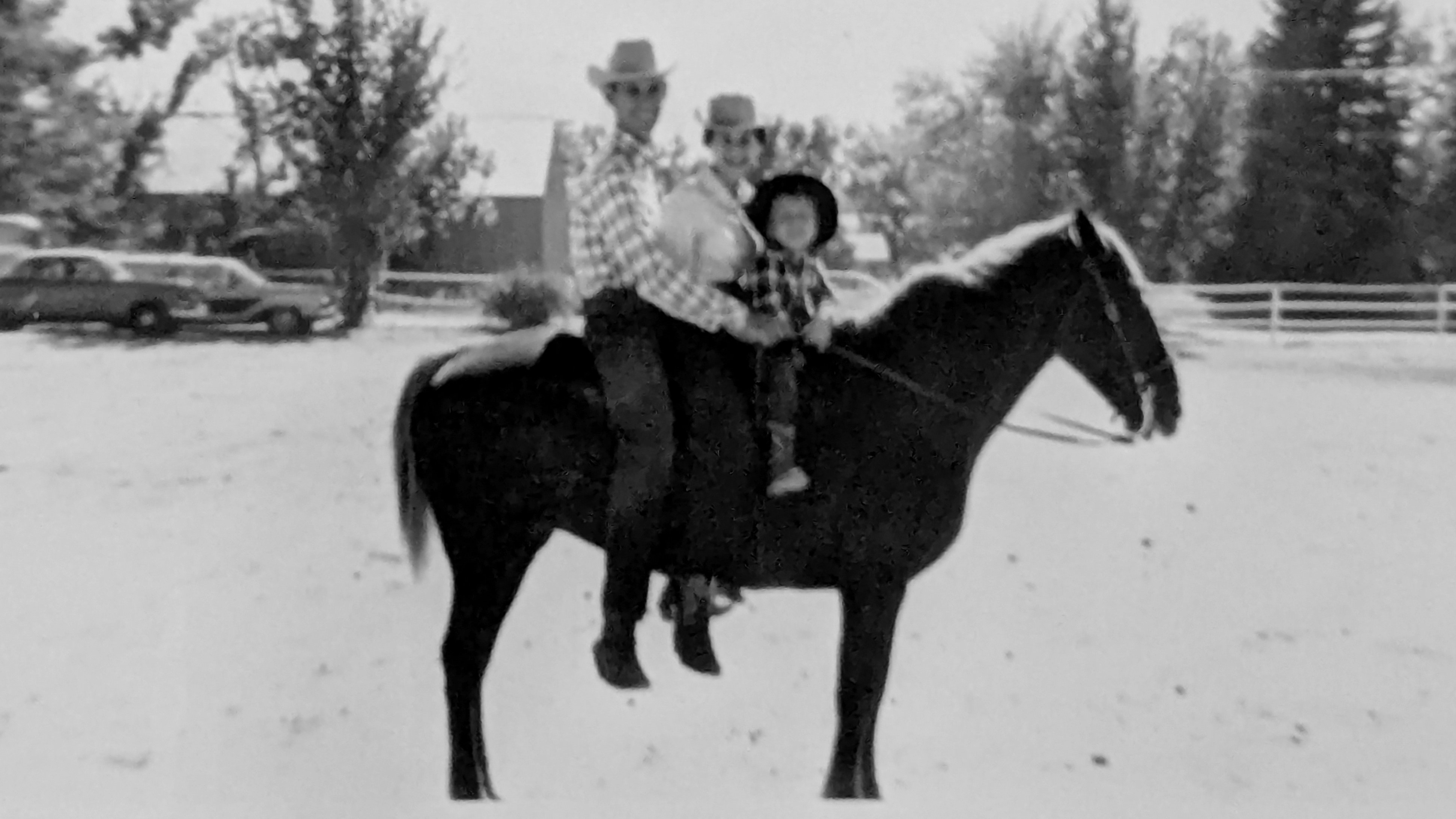 Richard Zemon, Marjorie Zemon, and young Art Zemon on the back of a dark horse. There is snow on the ground. All of the people are wearing cowboy hats.