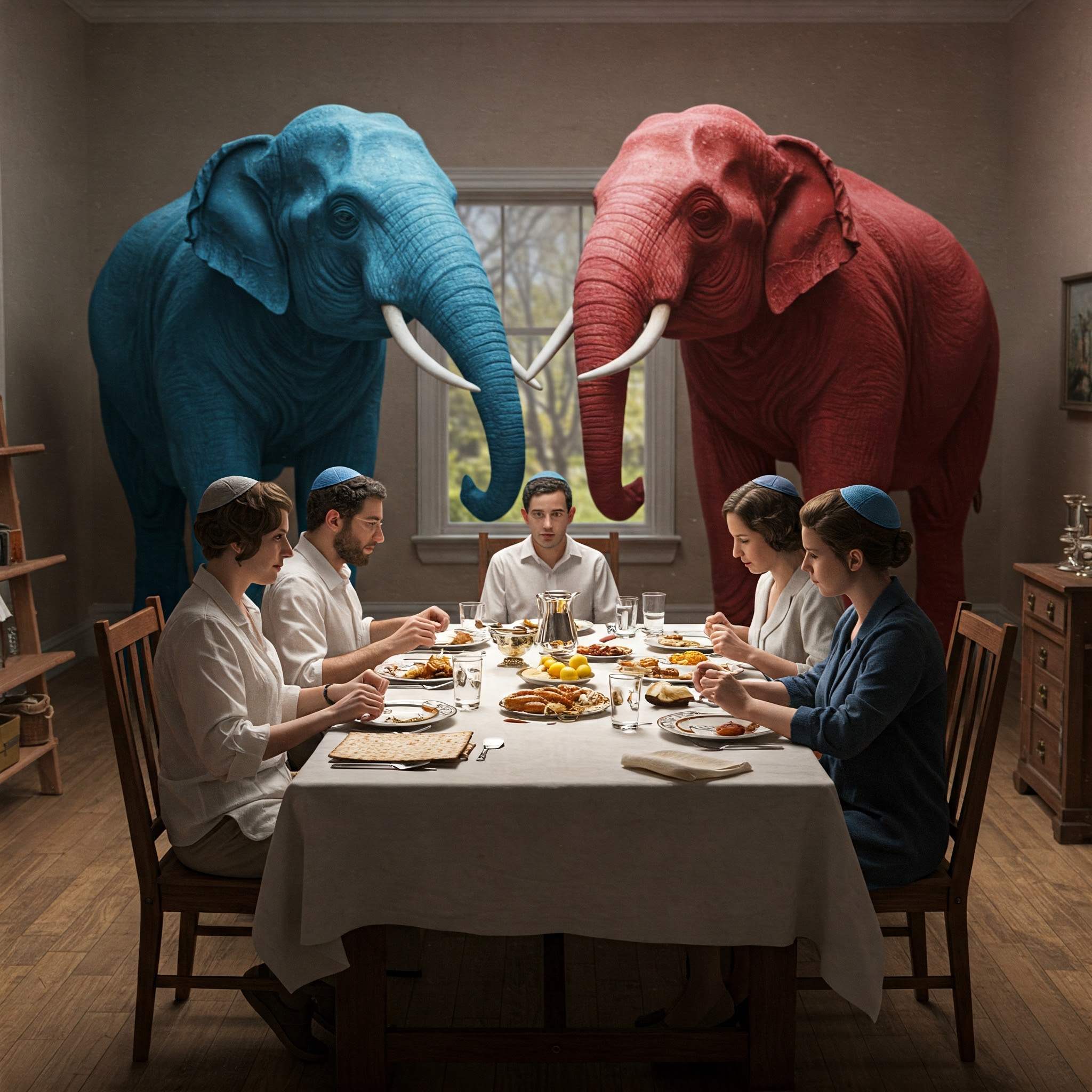 a blue and a red elephant hovering in the background of a family Seder