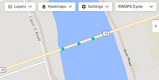 Map of the Louisiana route 10 bridge over the Mississippi River