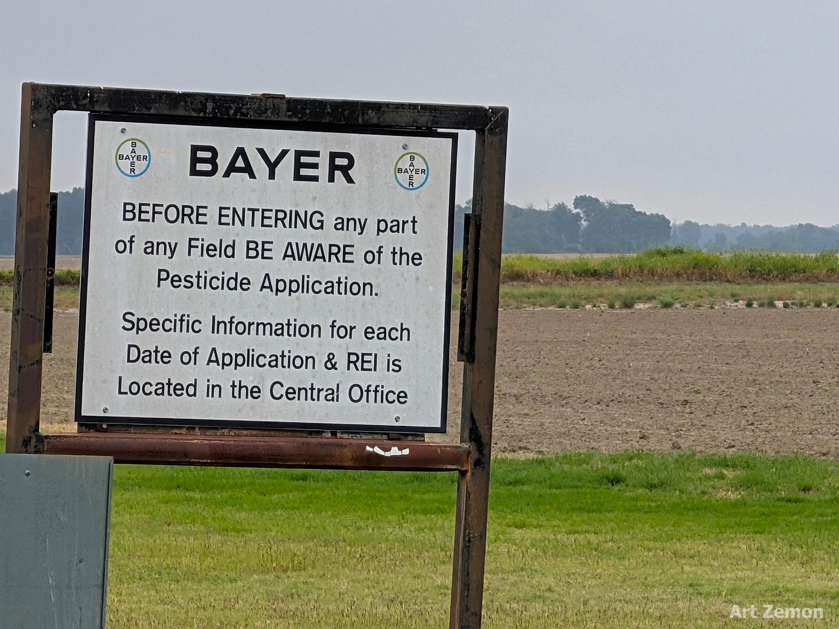 BAYER warning sign to avoid entering a field due to pesticide applications