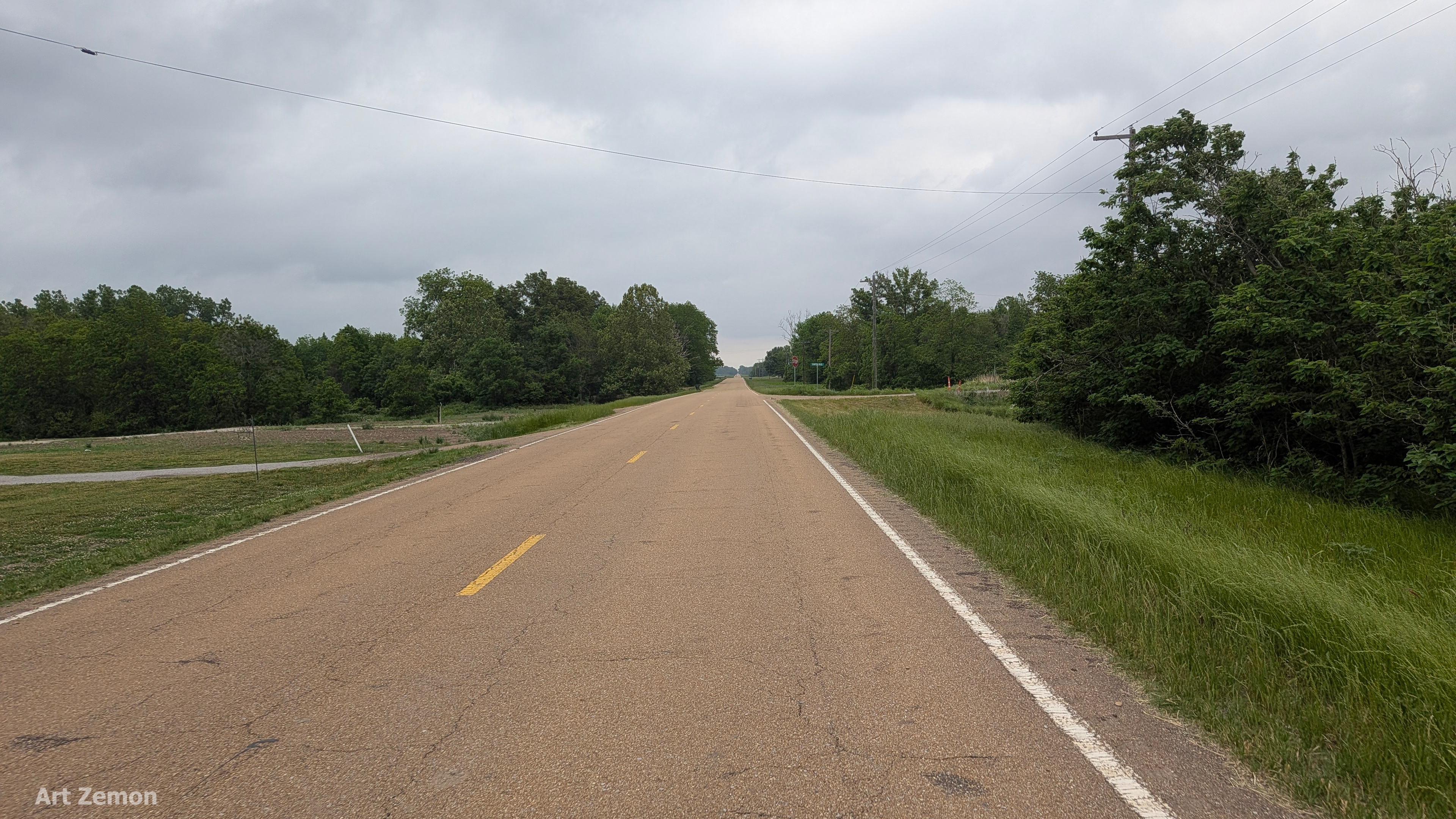two lane road with trees on both sides and an overcast sky